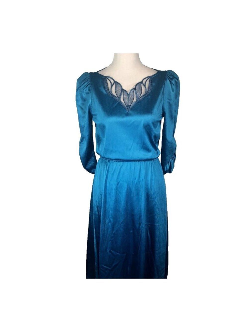 Vintage 70s Dress Womens Size S Blue Turquoise Satin 3/4 Sleeve Blouson Disco